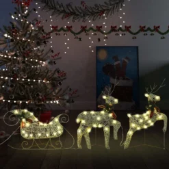 VIDAXL Décoration De Noël Rennes Avec Traîneau 60 LED Extérieur Doré