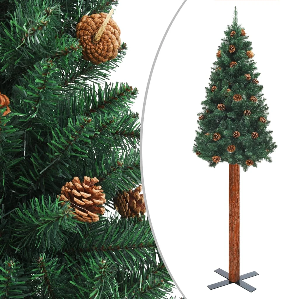 VIDAXL Sapin De Noël Mince Avec Bois Véritable Et Cônes Vert 150cm PVC 1 VIDAXL Sapin De Noël Mince Avec Bois Véritable Et Cônes Vert 150cm PVC
