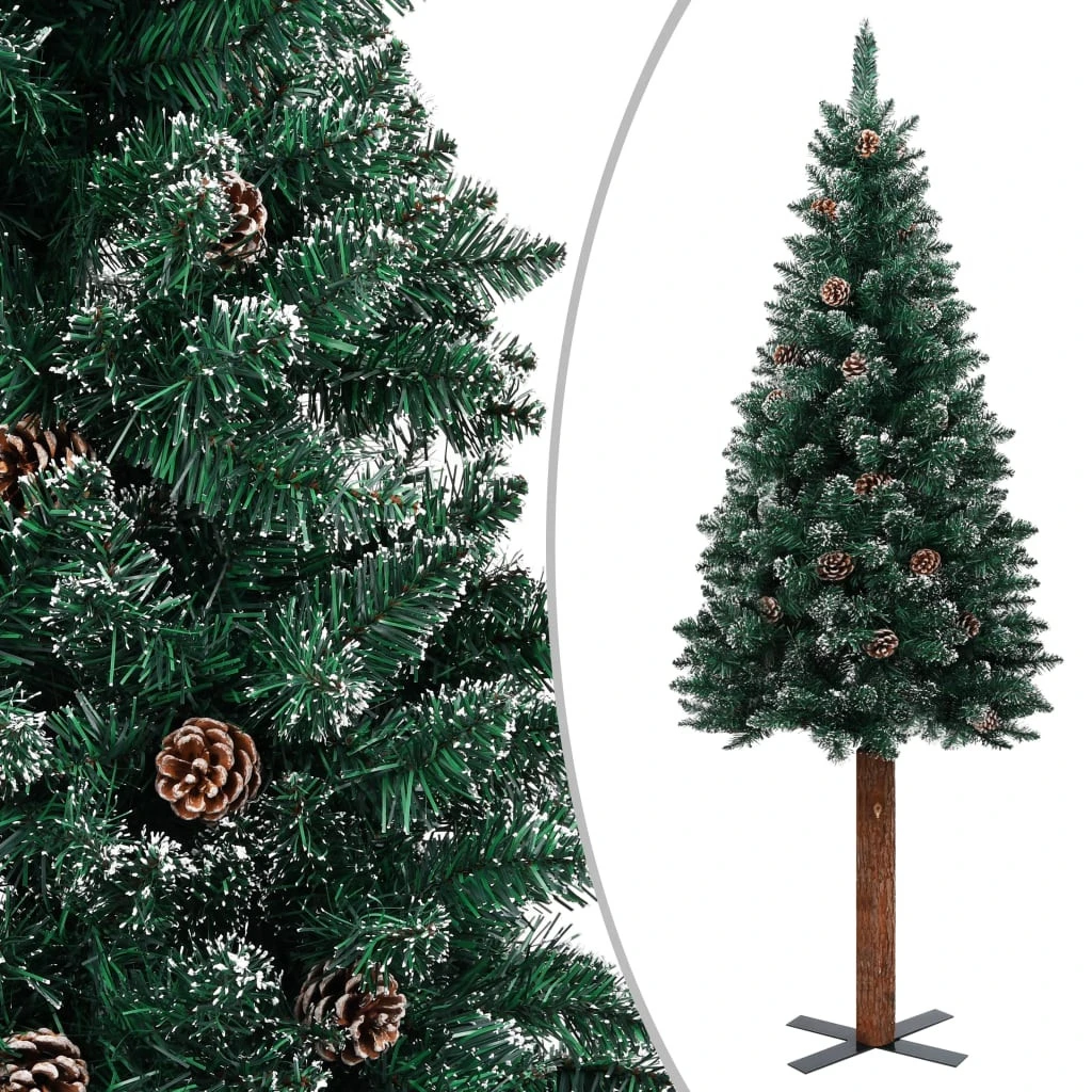 VIDAXL Sapin De Noël Mince Bois Véritable Et Neige Blanche Vert 150cm 1 VIDAXL Sapin De Noël Mince Bois Véritable Et Neige Blanche Vert 150cm
